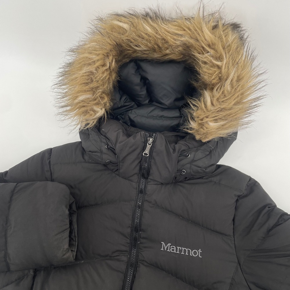 Marmot Montreal‎ Puffer Coat Womens Small Black Faux Fur Hood Down Parka Jacket